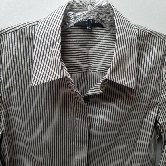 Lafayette  148 Grey Silver Striped Fitted Button Up Shirt 0 - Picture 6 of 8